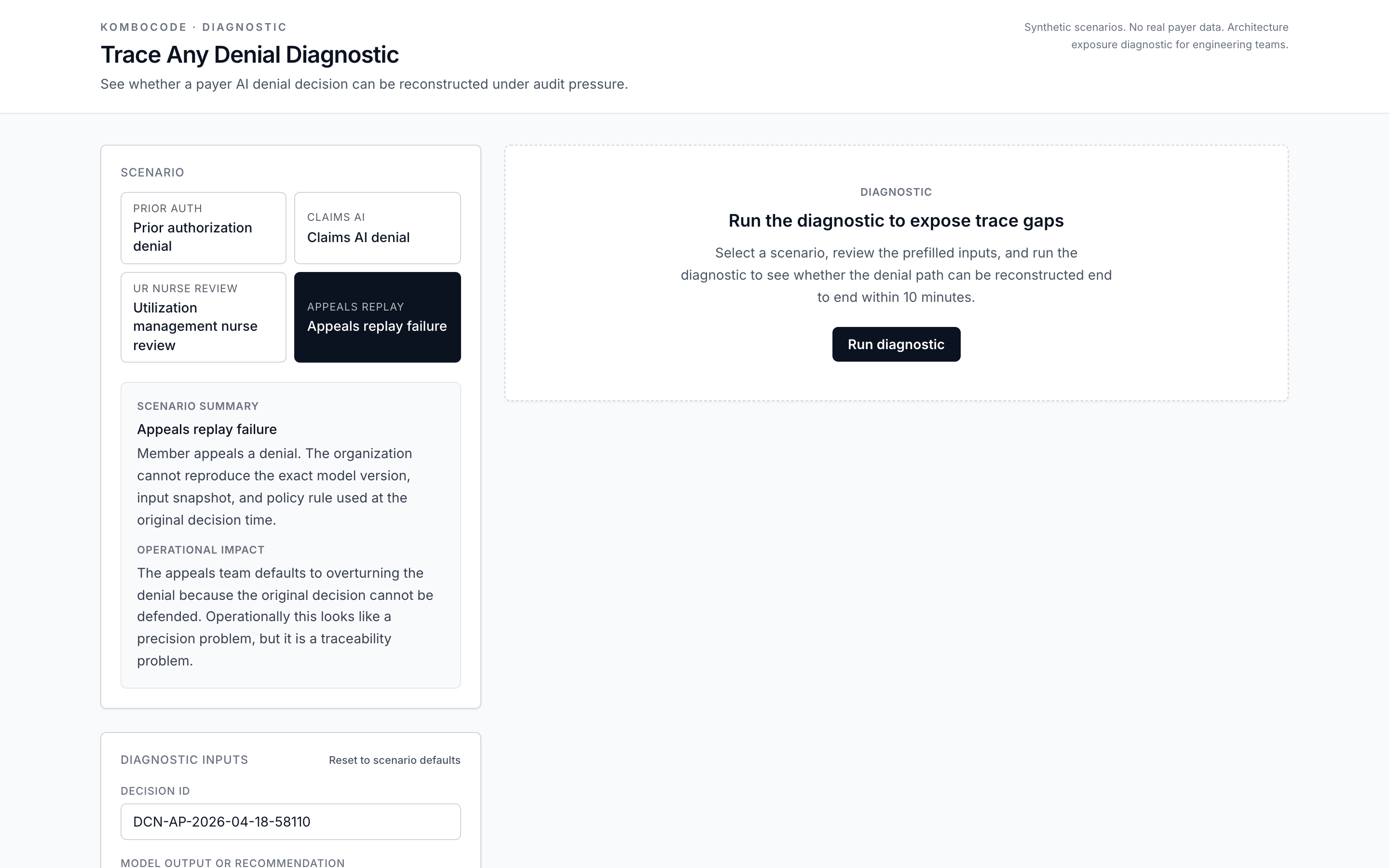 Trace-Any-Denial Diagnostic — a synthetic-data tool that walks through whether a payer AI denial decision can be reconstructed end-to-end. Shows scenario picker (prior auth, claims AI, UR nurse review, appeals replay) and the diagnostic inputs form.